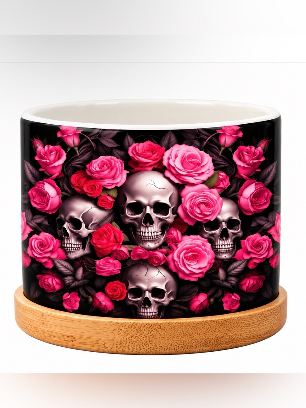 Skull & Pink Rose Decorative Planter - NIB